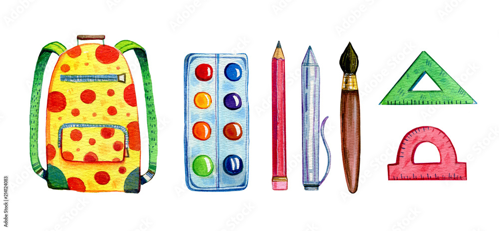 Hand drawn cartoon watercolor set of different school items - backpack, paints, rulers Hand drawn cartoon watercolor set of different school items - backpack, paints, rulers