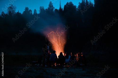 Wallpaper Mural beautiful scenery of night vision. a fire around people, the concept of recreation. sit by the campfire, tourists are basking in the cold by the river Torontodigital.ca