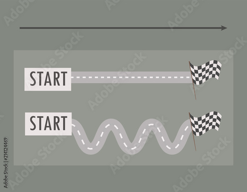 Two parallel roads straight and winding from left to right from the tablets with the word start to the finish black and white flag on a dark gray background arrow vector illustration.