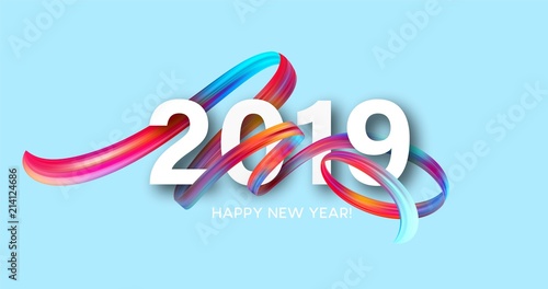 2019 New Year on the background of a colorful brushstroke oil or acrylic paint design element. Vector illustration
