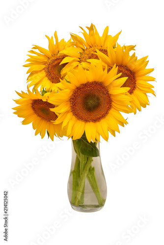 Fototapeta Naklejka Na Ścianę i Meble -  Creative still life idea flowers of sunflower bouquet in a glass vase. Isolated on white background. Floral arrangement. Picturesque and conceptual scene. Flat lay, top view