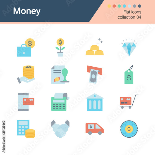 Money icons. Flat design collection 34. For presentation, graphic design, mobile application, web design, infographics.