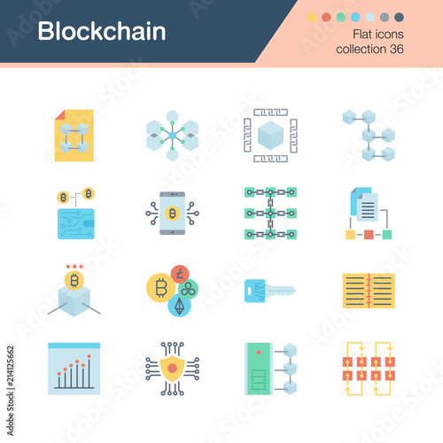 Blockchain icons. Flat design collection 36. For presentation, graphic design, mobile application, web design, infographics.