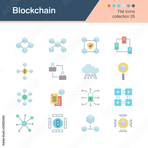 Blockchain icons. Flat design collection 35. For presentation, graphic design, mobile application, web design, infographics.