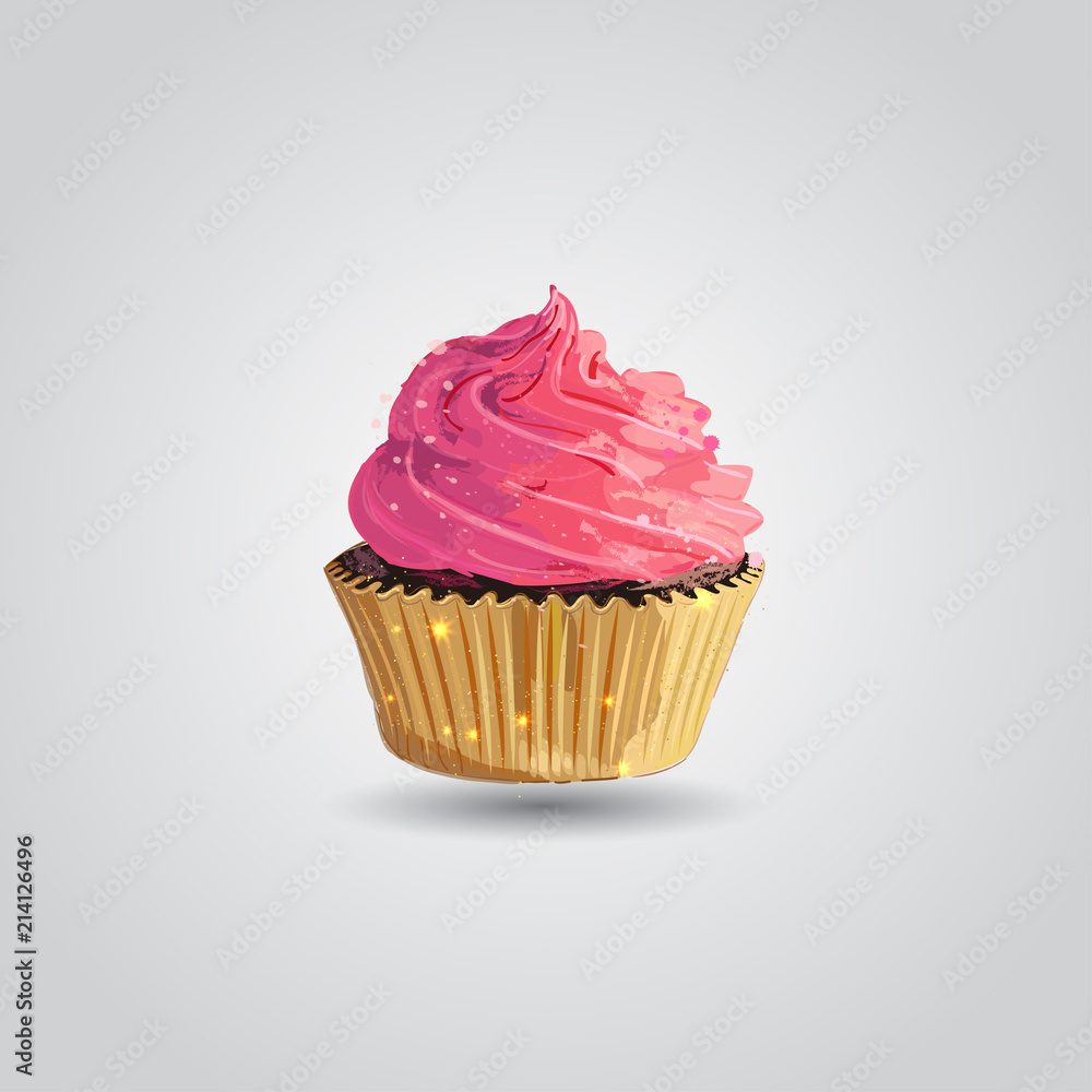 Cupcake with pink creme in golden wrapper. freehand drawing. artistic style Cupcake with pink creme in golden wrapper. freehand drawing. artistic style