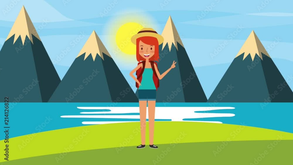 young woman with rucksack in natural mountains lake animation young woman with rucksack in natural mountains lake animation