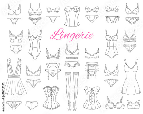 Fashionable female lingerie collection, vector sketch illustration.