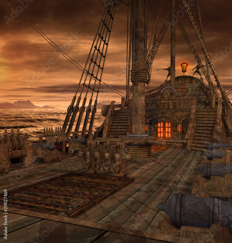 Pirate Ship Deck with Stairs and Cannons