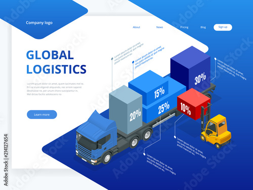 Isometric logistic infographic template with right truck loading and forklift. Checking delivery and ligistics service app. Vector web banner illustration