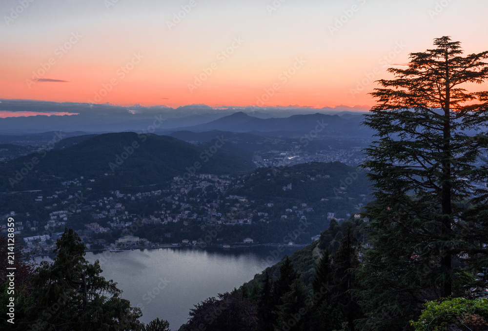 sunset on Lake Como seen from Brunate. Lombardia, Italy