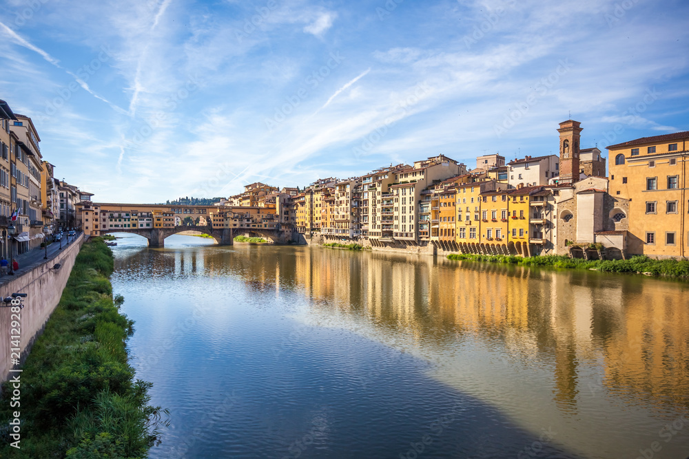 View of medieval stone bridge Ponte Vecchio and the Arno River in Florence, Tuscany, Italy