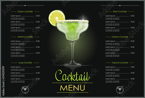 Margarita glass. Cocktail menu concept design for alcohol bar.