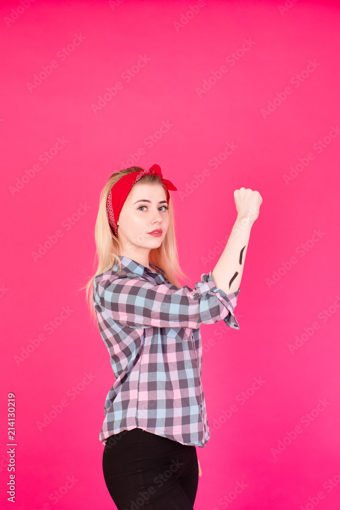 girl in plaid shirt shows eyebrows on different backgrounds and with a happy smile girl in plaid shirt shows eyebrows on different backgrounds and with a happy smile