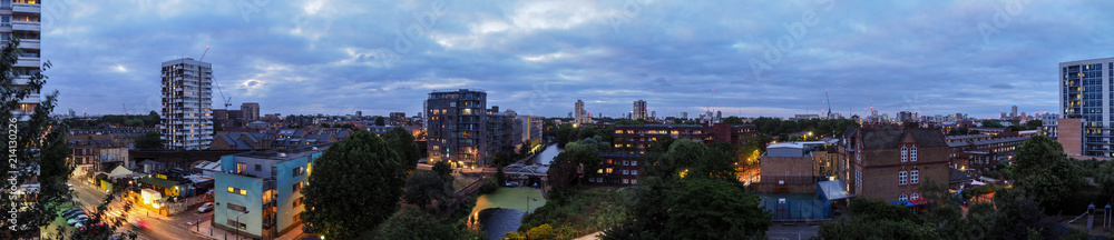 Panoramic view of London in the night, but not the center of London, rather Rotherhithe and Shadwell