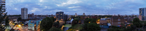 Panoramic view of London in the night, but not the center of London, rather Rotherhithe and Shadwell