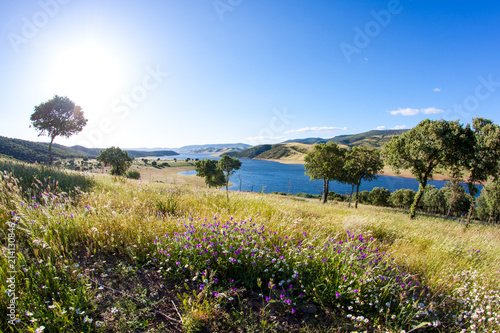 Panorama Landschaftsbild Extremadura Spanien mit Berge und Fluss Tajo photo