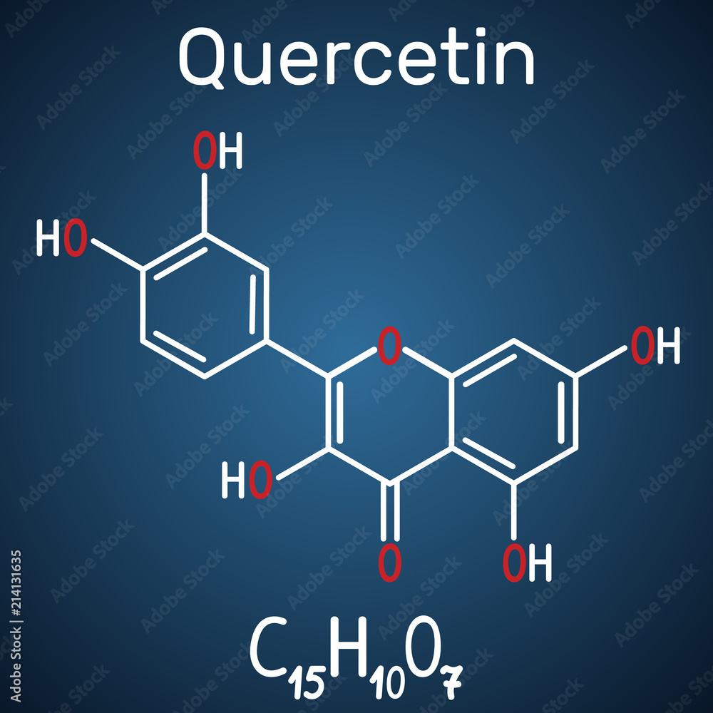 Quercetin ( flavonoid) molecule. Structural chemical formula and molecule  model on the dark blue background Stock Vector | Adobe Stock