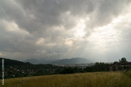 Sunrise and sunset over the hills and town. Slovakia