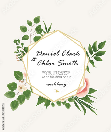 the text background with flowers peonies and Jasmine, branches of eucalyptus. Postcard, business card of florist, decorator, wedding invitation in pastel colors. Vector illustration in Botanical style