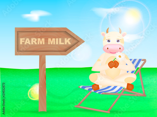 Happy cartoon cow sitting on the chaise-longue. Wooden pointer Farm Milk. Vector illustration