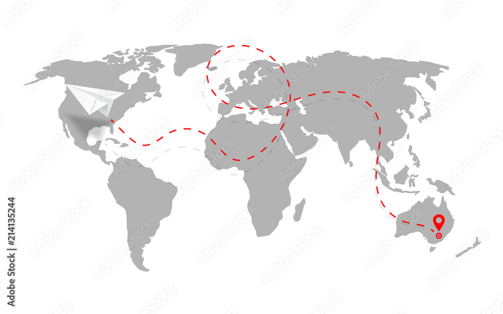 Airplane path in dashed line shape on world map. Route of paper plane with world map isolated on white background. Vector Airplane path in dashed line shape on world map. Route of paper plane with world map isolated on white background. Vector