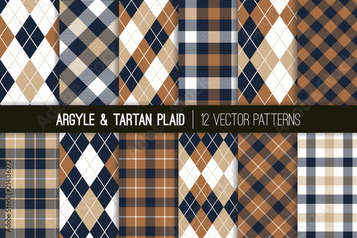 Brown, Tan and Navy Blue Argyle and Tartan Plaid Vector Patterns. Hipster Fall Fashion Prints. Father's Day Backgrounds. Shades of Brown and Beige. Repeating Tile Swatches Included.