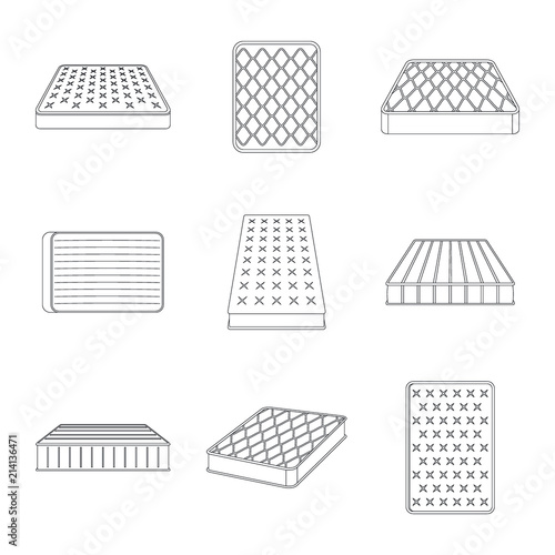 Mattress squab bedding icons set. Outline illustration of 9 mattress squab bedding vector icons for web