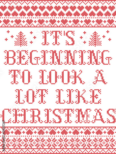 Its beginning to look a lot like Christmas scandinavian vector seamless pattern inspired by nordic culture festive winter in cross stitch with heart, snowflake, star,  snow, Christmas tree