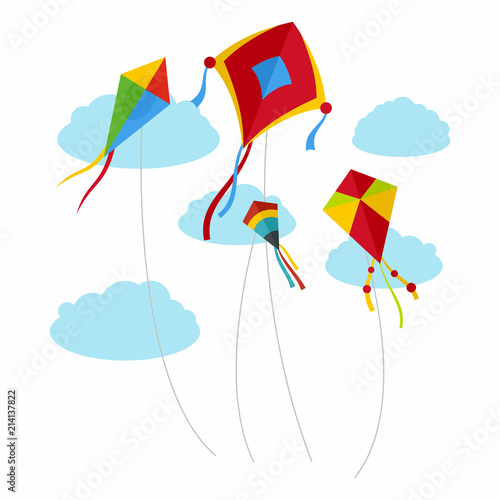 Kites fly in the sky background. Flat illustration of kites fly in the sky vector background for web design