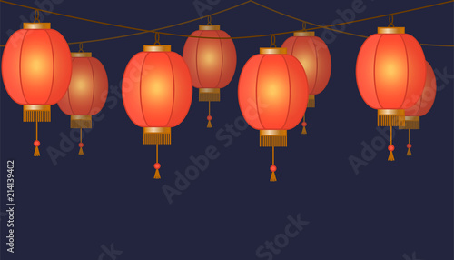 Garland with Chinese lantern chain, red asian traditional paper lamps on dark background, fairy lights, footer and banner for decoration, vector illustration