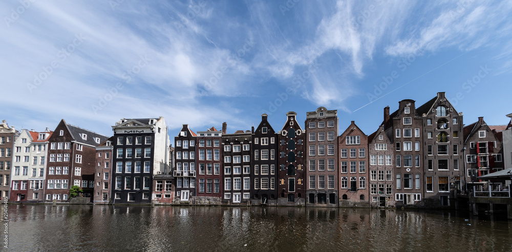Amsterdam, Netherlands, May 2018: Classic Amsterdam buildings on the water front
