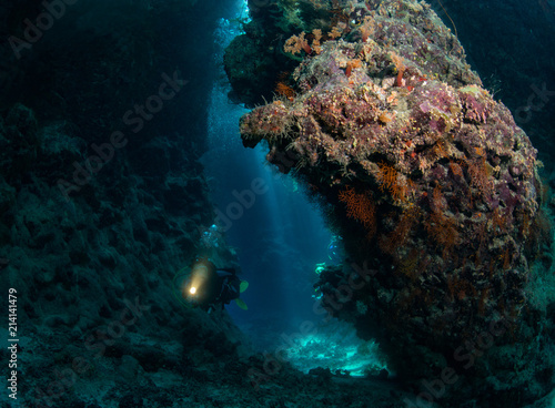 Fototapeta Naklejka Na Ścianę i Meble -  Woman diver explores St John's Caves in the Red Sea, Egypt