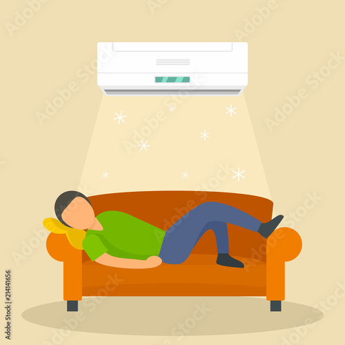 Conditioning man at sofa background. Flat illustration of conditioning man at sofa vector background for web design