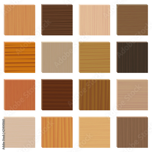 Wood samples. Assorted parquetry types set. Wooden plates with different textures from various trees to choose - 3d decor models - vector on white background.