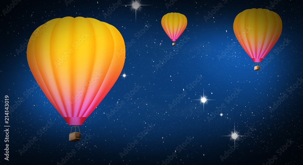 Aerial flying balloons in the abstract night sky, stars space background Aerial flying balloons in the abstract night sky, stars space background