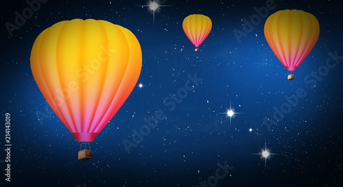 Aerial flying balloons in the abstract night sky  stars space background