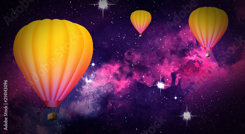 Aerial flying balloons in the abstract night sky, stars space background