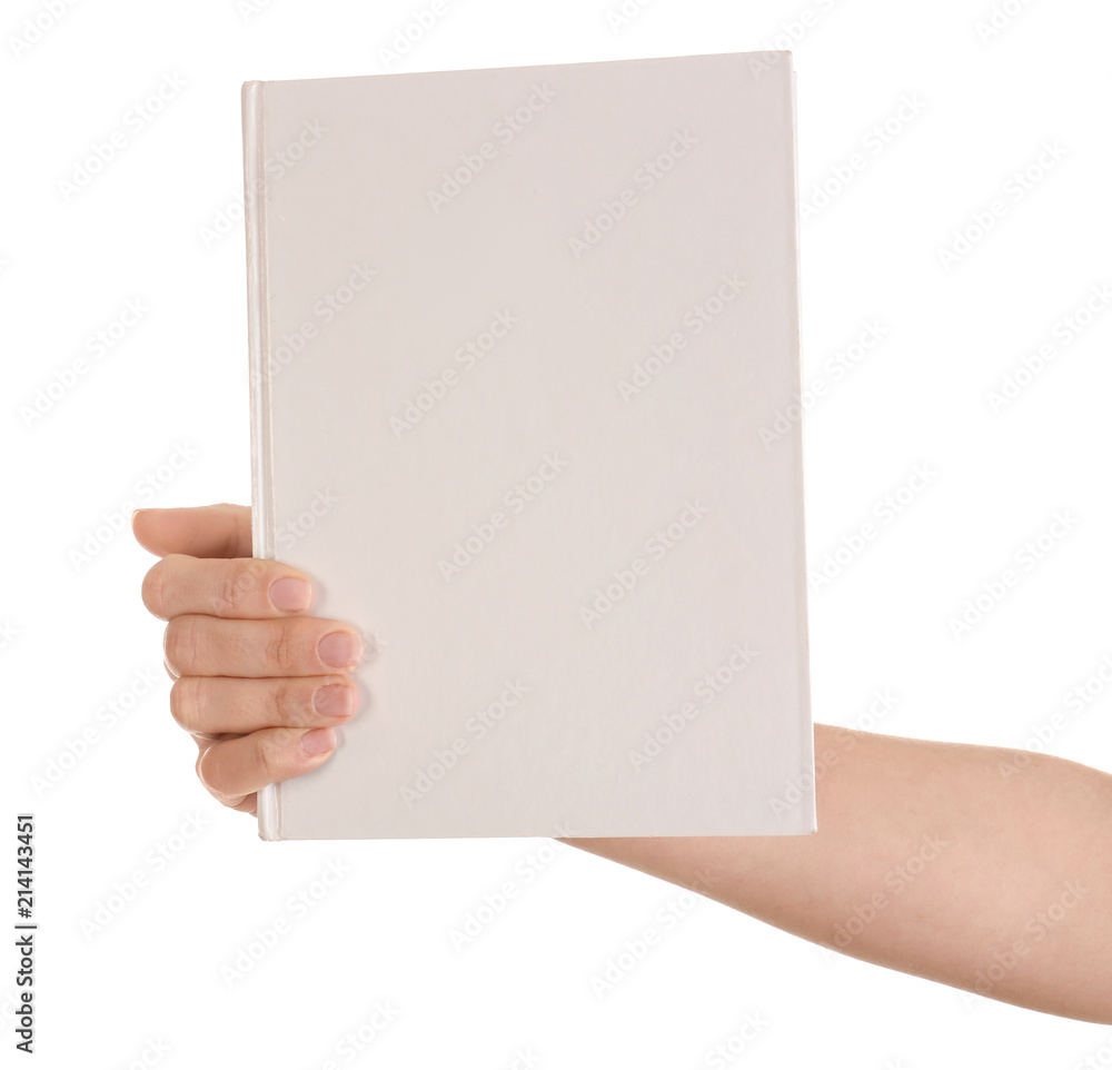 Female hand holding book with blank cover on white background Stock Photo Adobe Stock