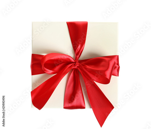 Gift box with ribbon on white background, top view © New Africa