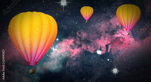 Aerial flying balloons in the abstract night sky, stars space background