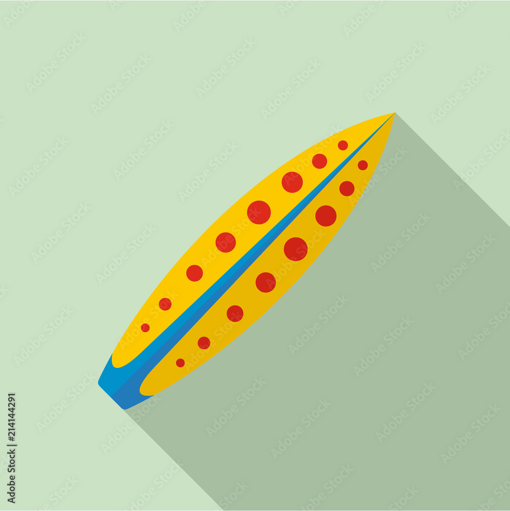 Yellow red dot surfboard icon. Flat illustration of yellow red dot surfboard vector icon for web design Yellow red dot surfboard icon. Flat illustration of yellow red dot surfboard vector icon for web design