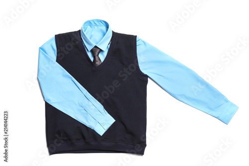 School uniform for boy on white background, top view