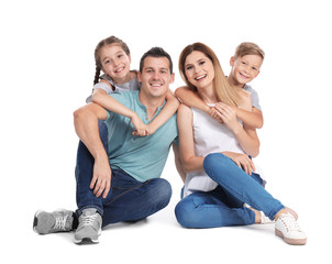 Happy family with children on white background