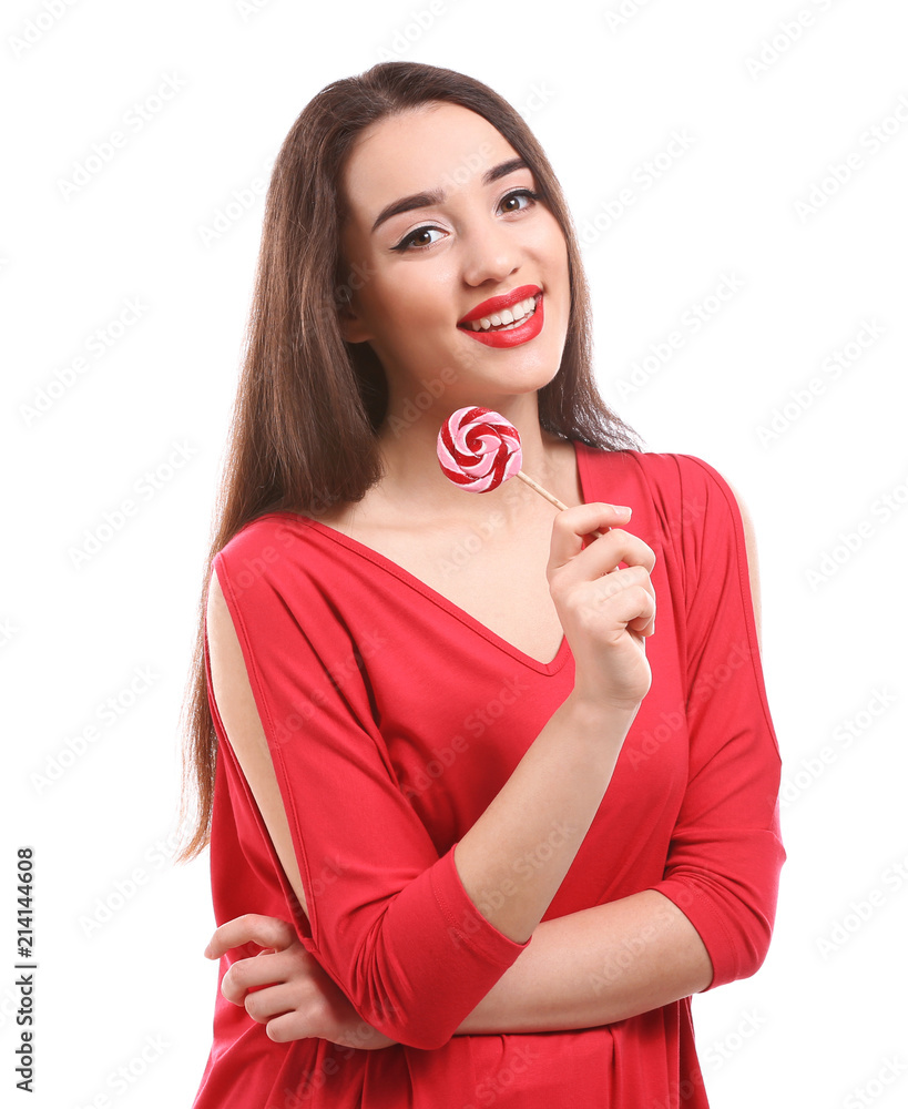 Attractive young woman with lollipop on white background Attractive young woman with lollipop on white background