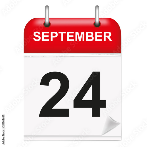 Daily calendar of single-leaf rings, red spine, 3d,september,24,24th,twenty-fourth.Vector illustration