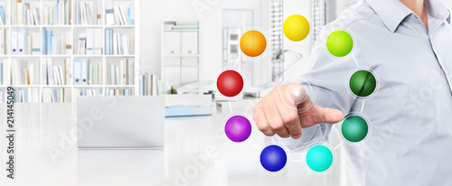 office business work concept, hand touch screen empty colors icons, web banner and copy space template