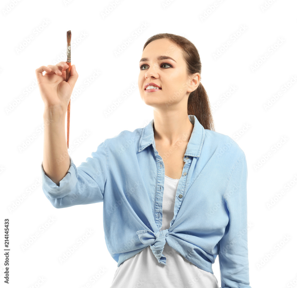 Portrait of beautiful female artist on white background Portrait of beautiful female artist on white background