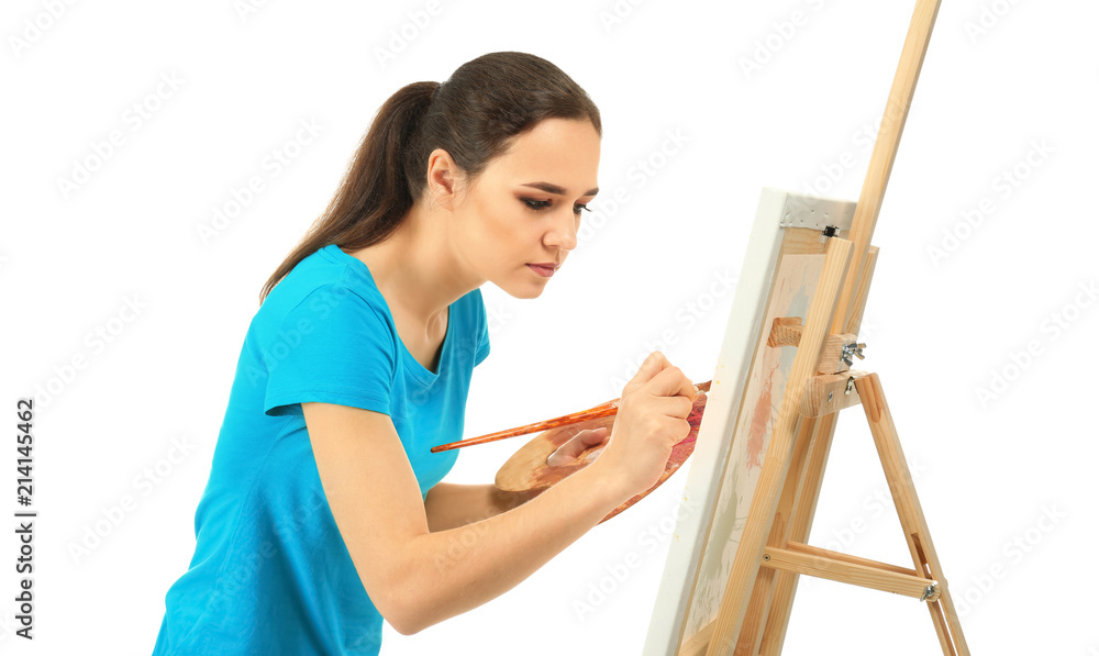 Female artist painting picture on white background