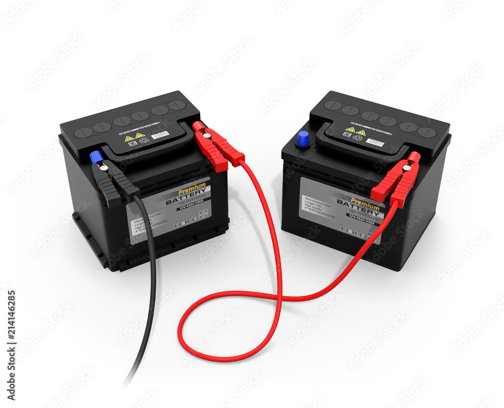 Car batteries with jump booster isolated on white background. 3D rendering image. Car batteries with jump booster isolated on white background. 3D rendering image.