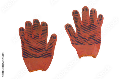 orange protective gloves pair. covered from the working side by blue rubber anti-skid dots. isolated, clipping path photo